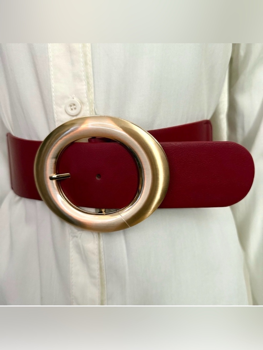 Burgundy PU leather elastic waistband belt with gold tone oval buckle